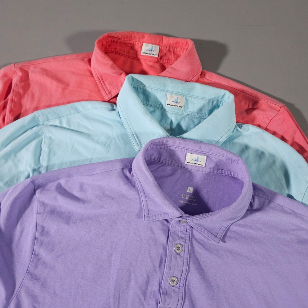 Johnnie-O Hangin Out Polo Mens L Coral Blue Purple Slim Fit Cotton Blend 3 Pack